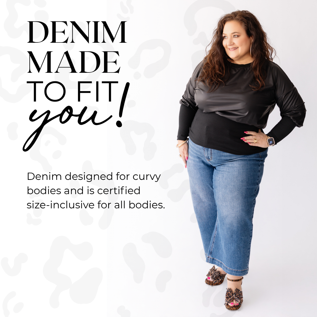 Woman wearing blue jeans and a black top with text about denim for curvy bodies on a white background