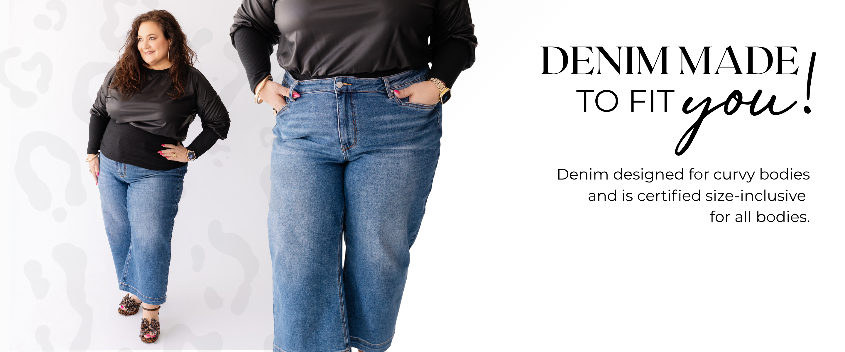Two people wearing jeans with text about denim fit and inclusivity | Harlow + James Boutique | West Des Moines, IA
