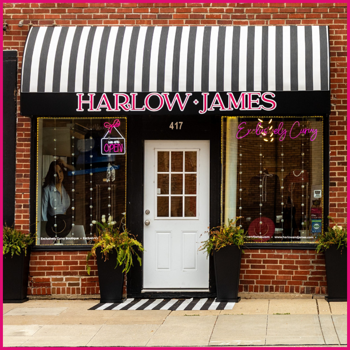 Storefront with 'Harlow & James' sign on a striped awning | Harlow + James Boutique | West Des Moines, IA