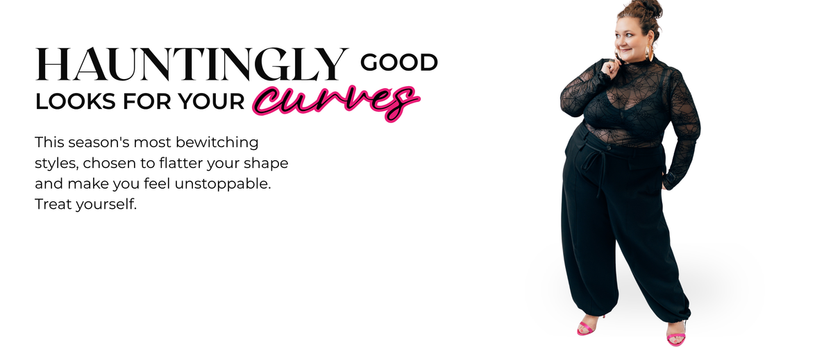 Plus size black spiderweb mesh top and black jogger pants from the Halloween collection at Harlow + James, West Des Moines