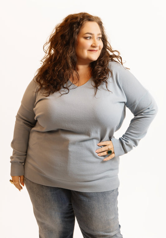 V-neck Misty Blue Knit Sweater