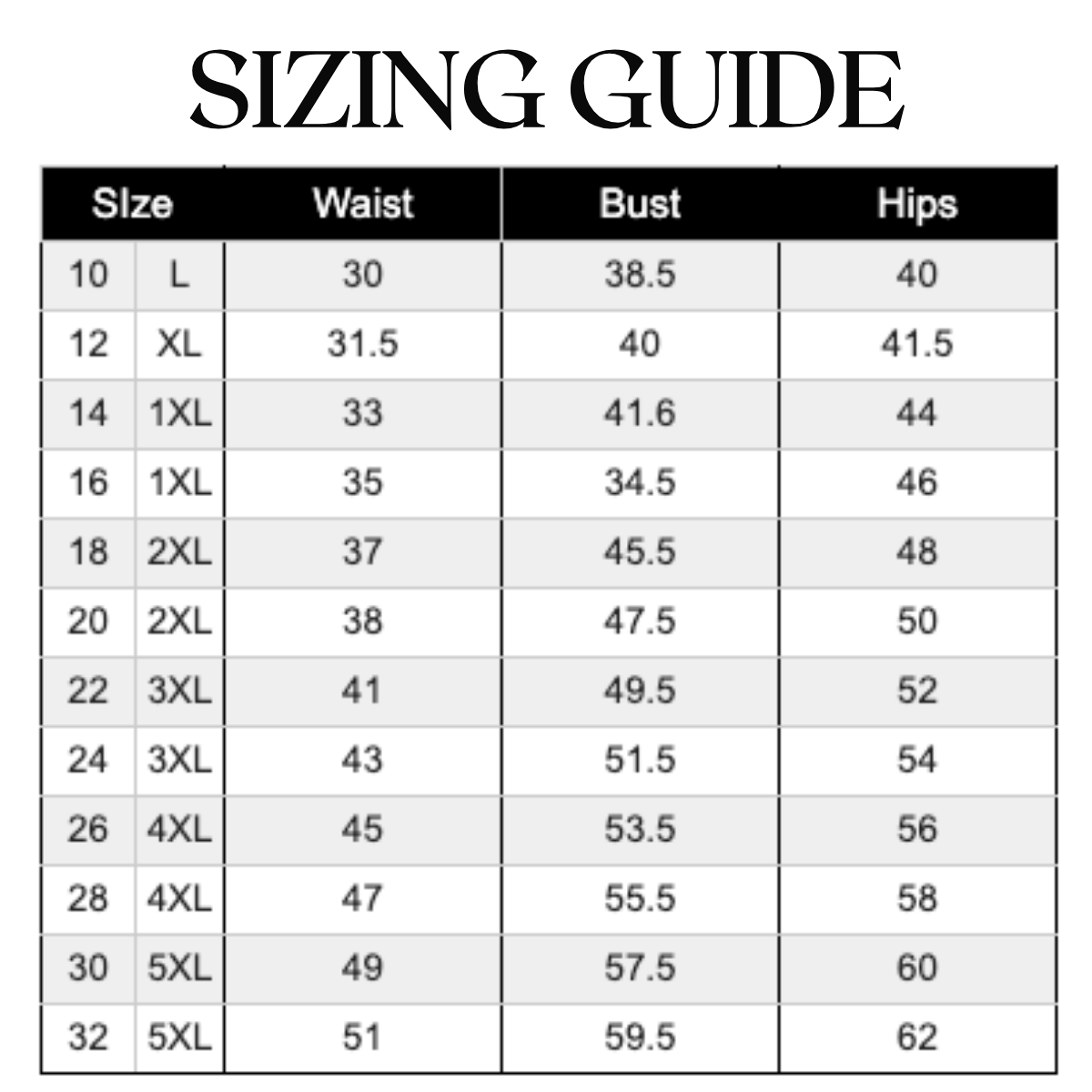Sizing guide chart for clothing with waist, bust, and hips measurements | Harlow + James Boutique | West Des Moines, IA