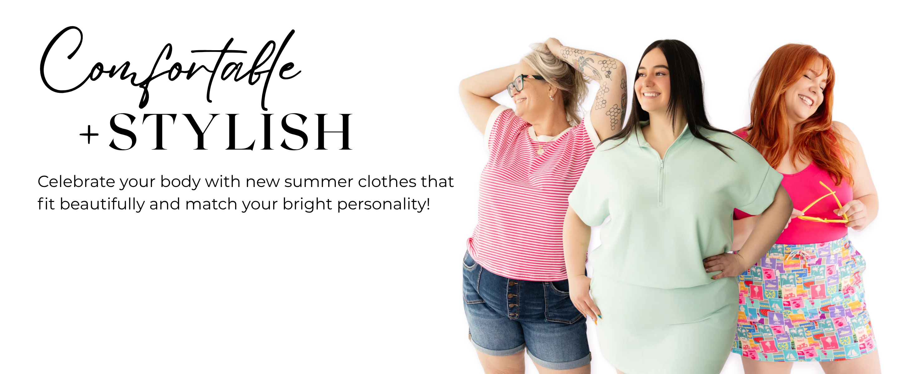 Three women wearing summer clothes with text promoting comfortable and stylish clothing | Harlow + James Boutique | West Des Moines, IA