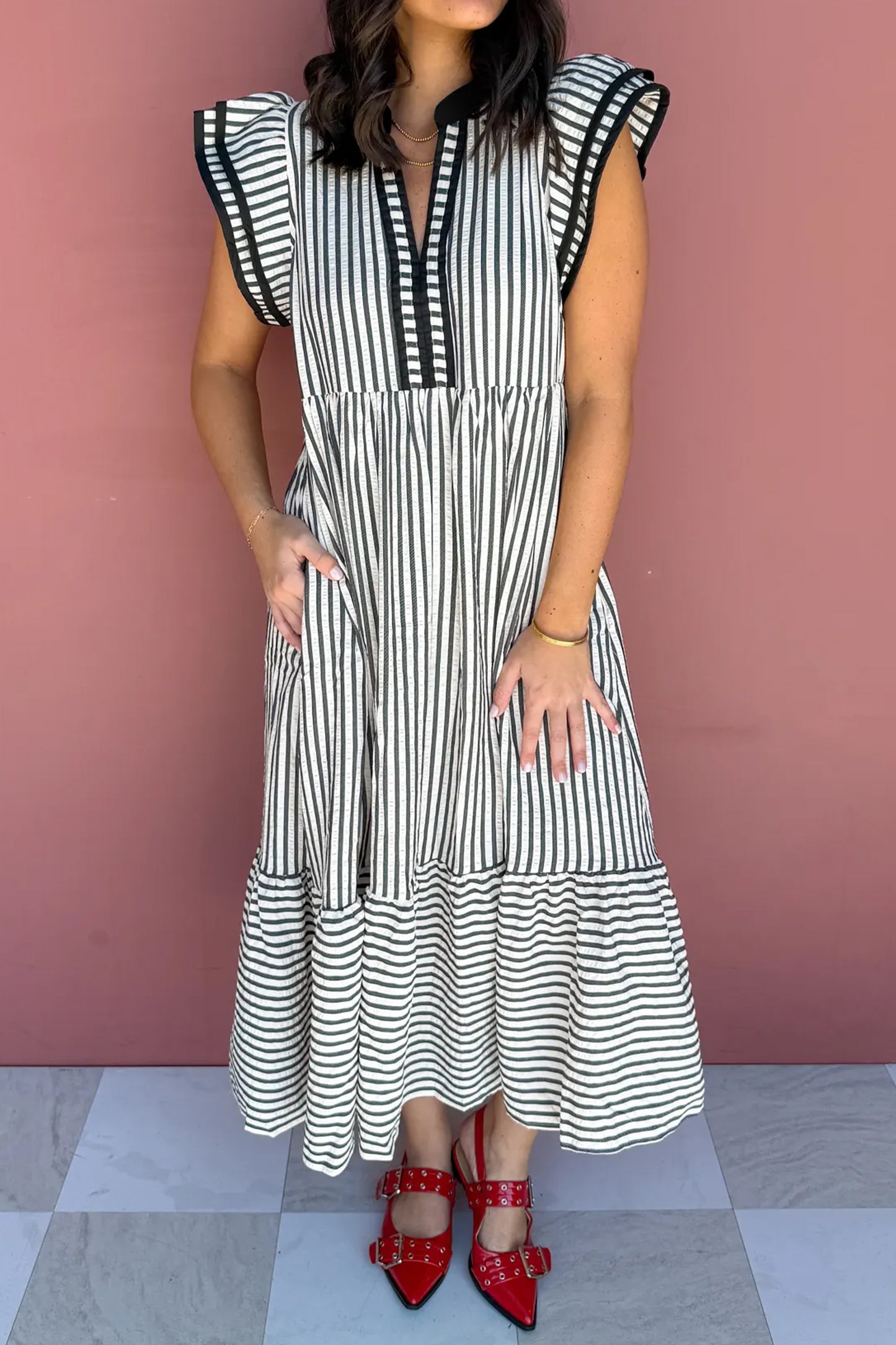 Black / White Flutter Sleeve V-Neck Maxi Dress