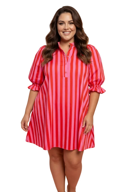 Plus Size Stripe Frilled Collar Button Mini Dress