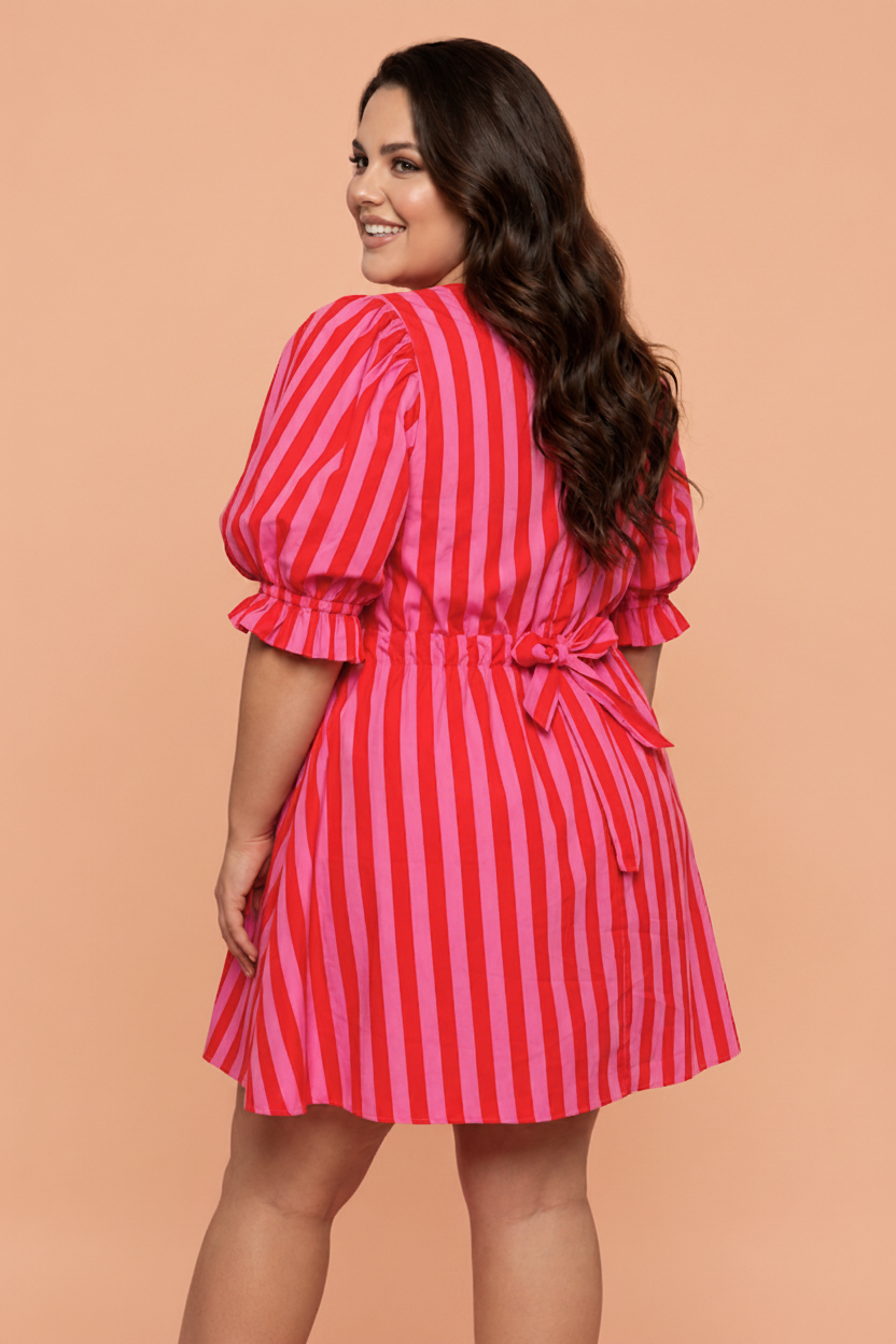 Plus Size Stripe Frilled Collar Button Mini Dress