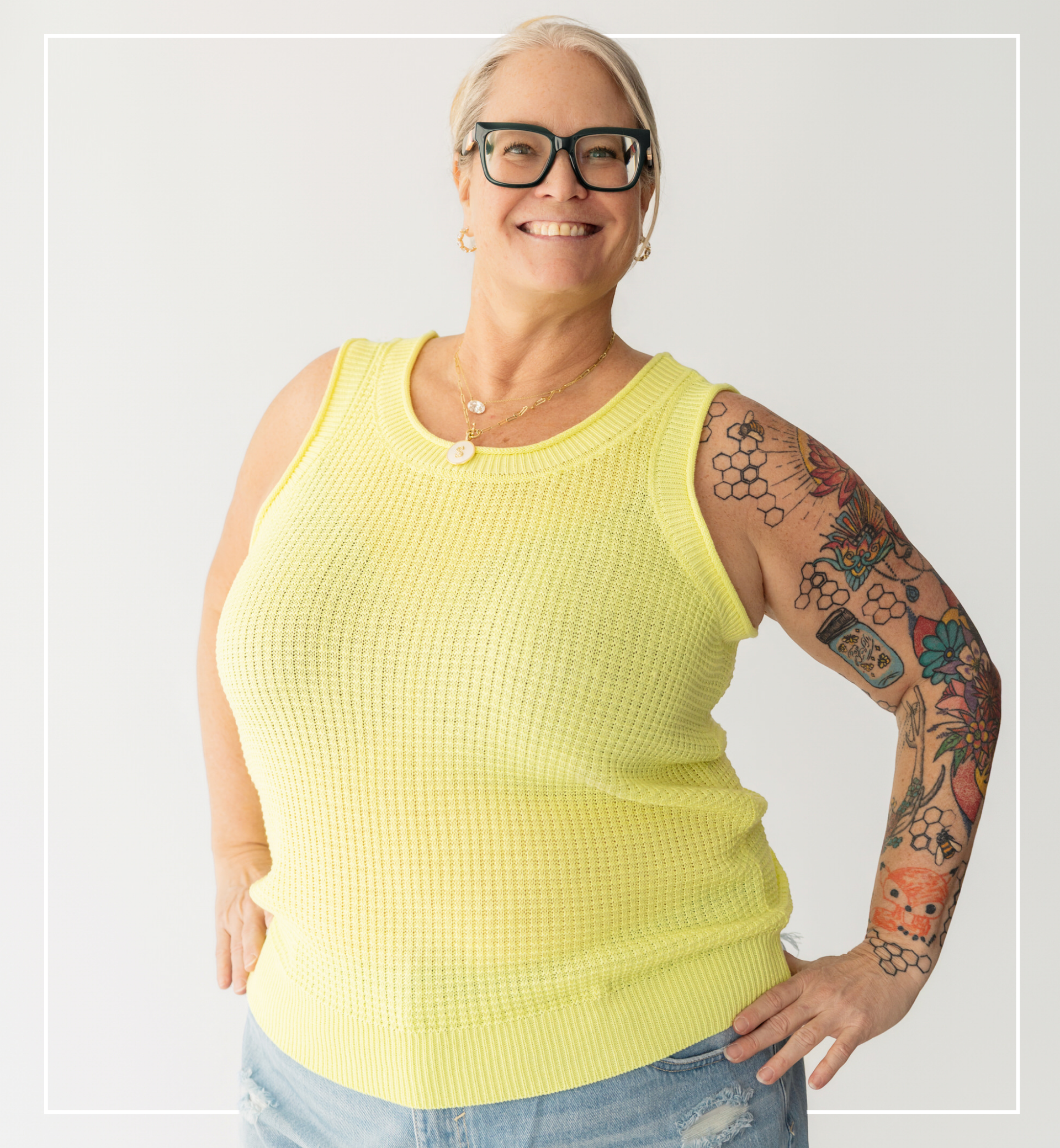 Person wearing a yellow tank top against a plain background | Staff - Shannon | Harlow + James Boutique | West Des Moines, IA