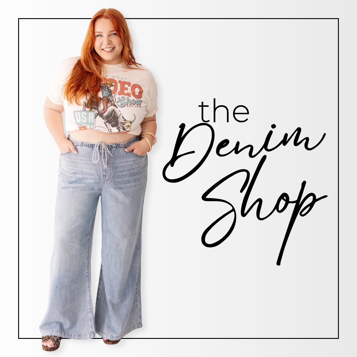 Woman wearing a graphic t-shirt and jeans with 'the Denim Shop' text | Harlow + James Boutique | West Des Moines, IA