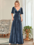 Velvet Flutter Sleeve Evening Gown