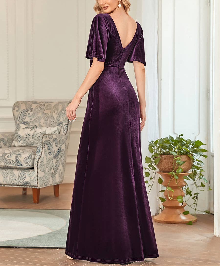 Velvet Flutter Sleeve Evening Gown