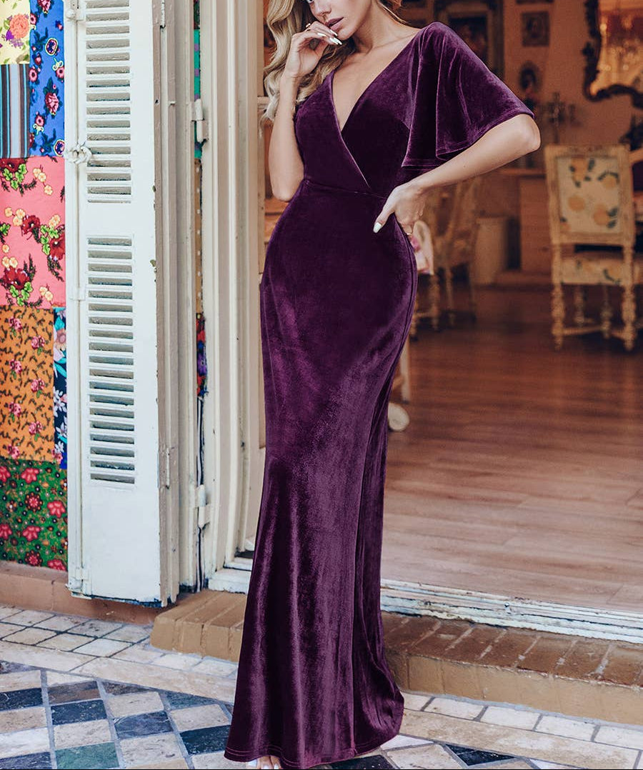 Velvet Flutter Sleeve Evening Gown