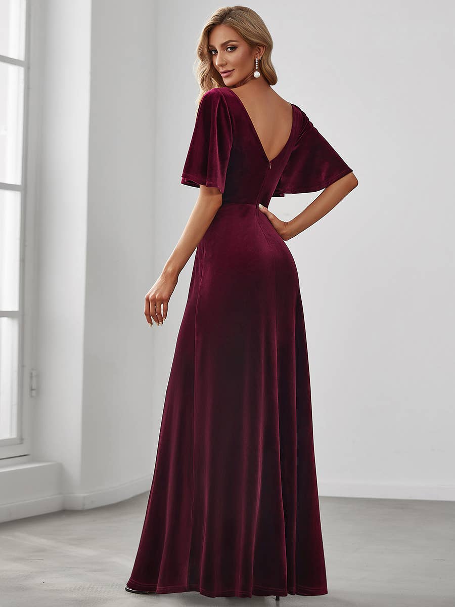 Velvet Flutter Sleeve Evening Gown