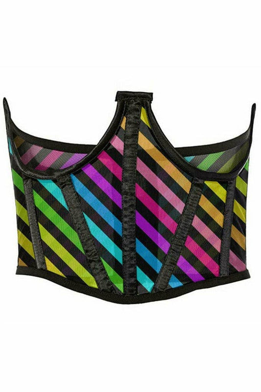 Lavish Rainbow Stripes Print Mesh Open Cup Waist Cincher