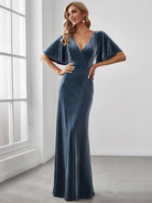 Velvet Flutter Sleeve Evening Gown