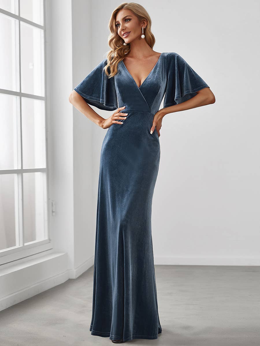 Velvet Flutter Sleeve Evening Gown