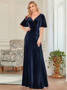 Velvet Flutter Sleeve Evening Gown