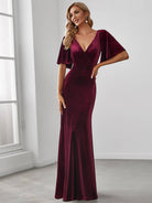 Velvet Flutter Sleeve Evening Gown