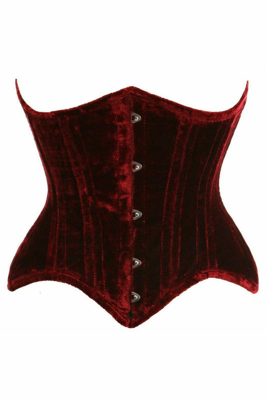Top Drawer Dark Red Crushed Velvet Double Steel Boned Curvy Cut Waist Cincher Corset