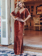 Velvet Flutter Sleeve Evening Gown