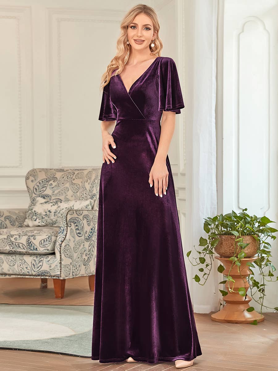 Velvet Flutter Sleeve Evening Gown