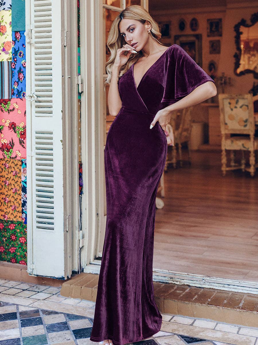Velvet Flutter Sleeve Evening Gown